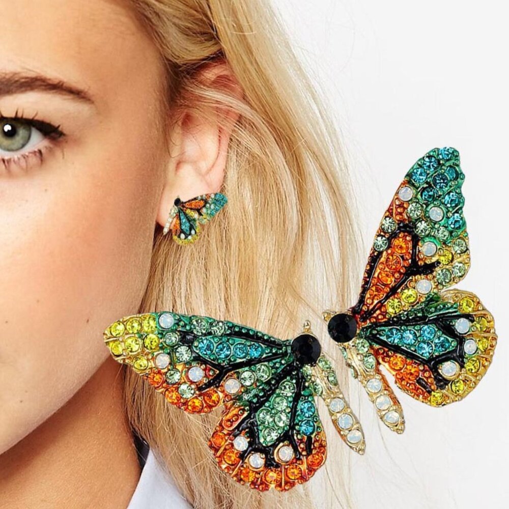 New FP Crystal Butterfly Open Wing Stud Earrings
